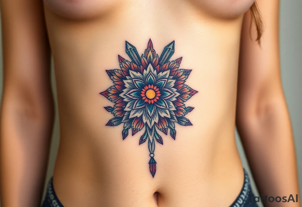 psychedelic  tattoo with crystals and  mandala style flowers and mushrooms under breast tattoo idea