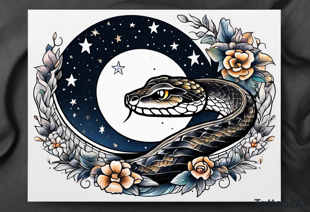 A snake wraps the moon in the night sky tattoo idea