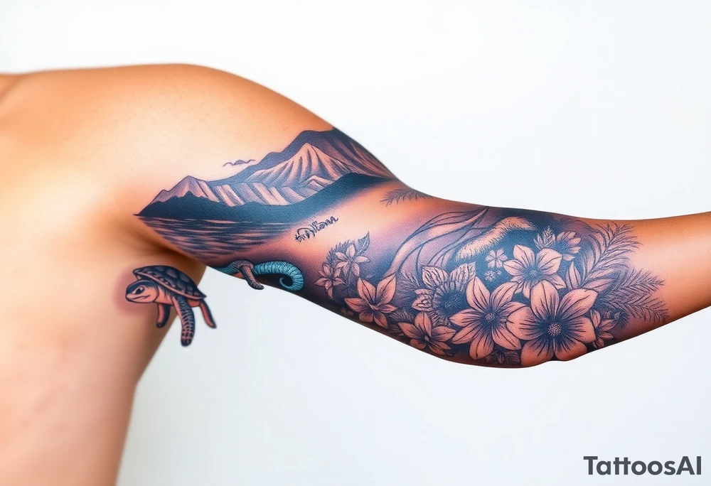 half sleeve, hawaiian theme, with water, mountains, tropical flowers, turtles. and disneys moana  characters tattoo idea