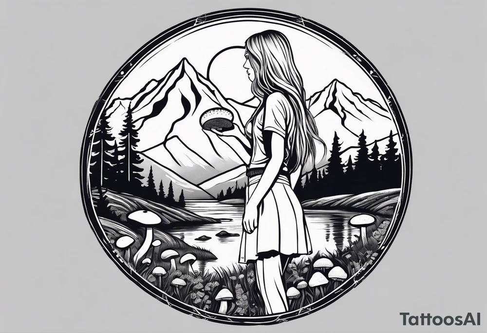 Straight long blonde hair hippie girl in distance holding mushrooms in hand facing away toward mountains and creek surrounded by mushrooms tee shirt and hiking pants; whole rendering within a circle tattoo idea