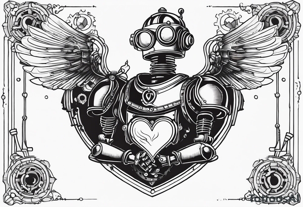 steampunk robot holding a beating heart in hands tattoo idea