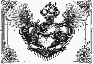 steampunk robot holding a beating heart in hands tattoo idea