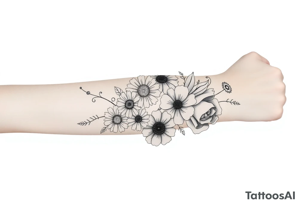 flower arrangment for arm, include two carnations, one violet, two daisies, one cosmos, and one peony tattoo idea