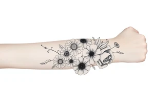 flower arrangment for arm, include two carnations, one violet, two daisies, one cosmos, and one peony tattoo idea