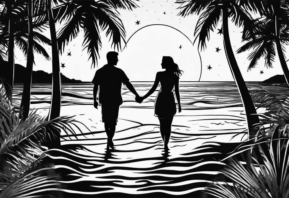 silhouette of two people holding hands on beach water with moon and palm trees tattoo idea