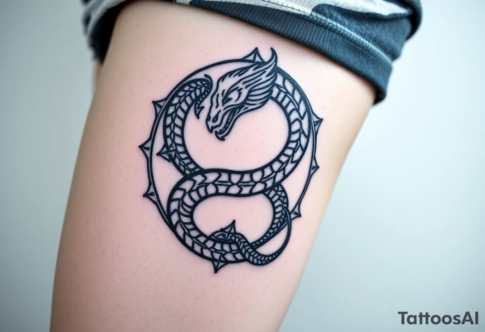 Ouroboros or dragon/serpent/snake eating its own tail in a figure 8 in negative space with geometric patterns LARGE tattoo idea