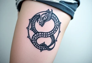 Ouroboros or dragon/serpent/snake eating its own tail in a figure 8 in negative space with geometric patterns LARGE tattoo idea