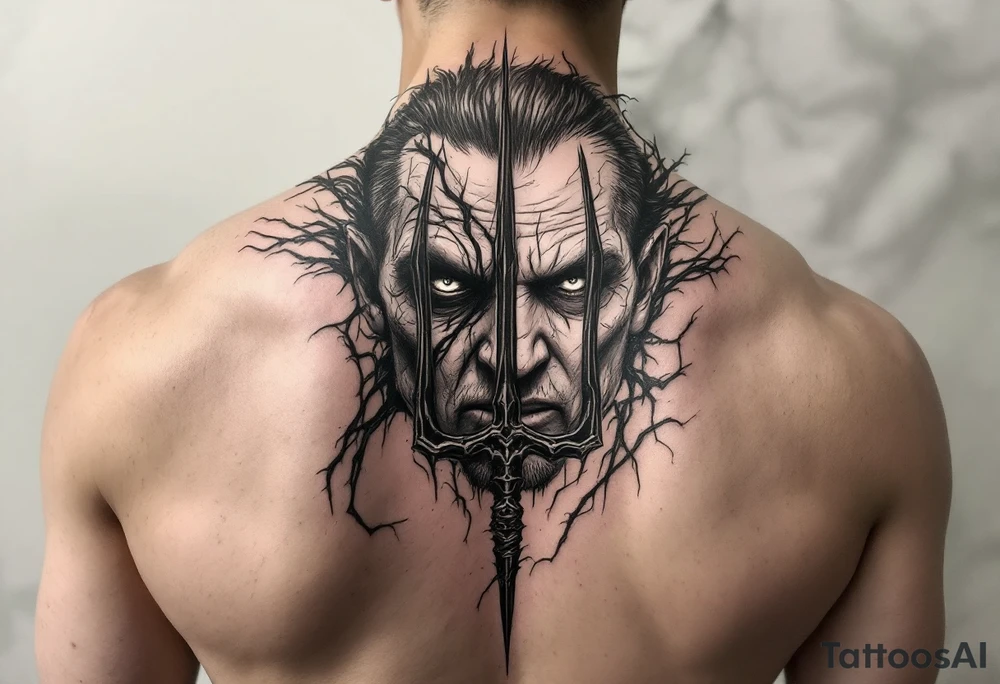 mad man face behind trident tattoo idea