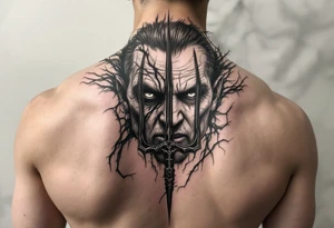 mad man face behind trident tattoo idea