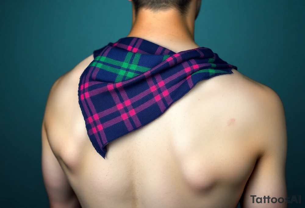 Dark Purple with green pink blue and white highlights tartan fabric with skin around edges peeling and wrapping around shoulder tattoo idea