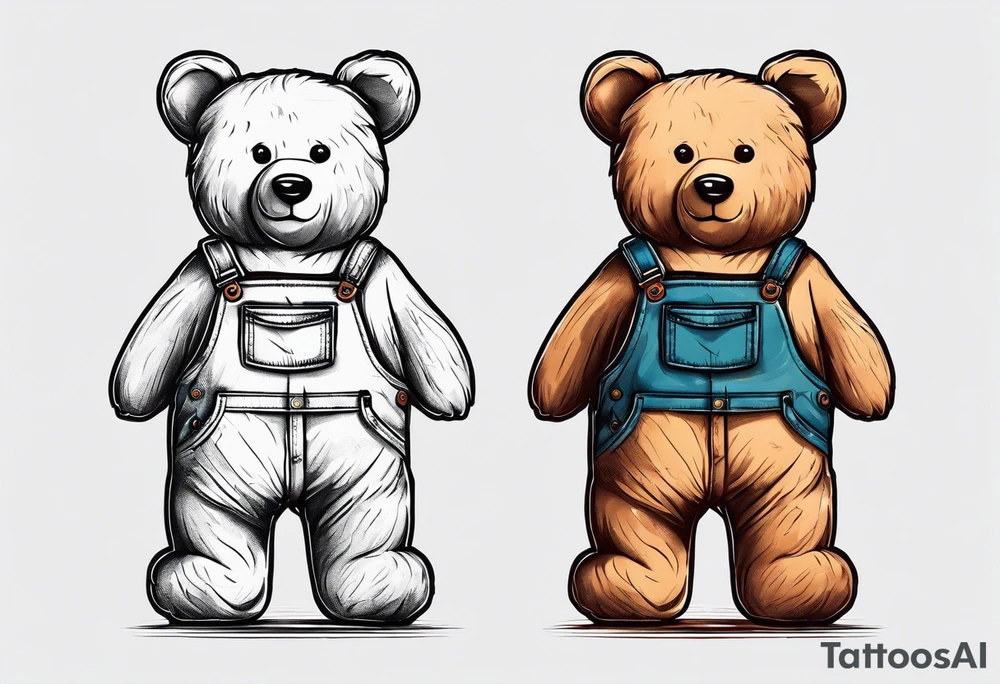 the back of a standing teddy bear in overalls tattoo idea
