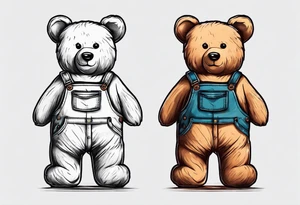 the back of a standing teddy bear in overalls tattoo idea