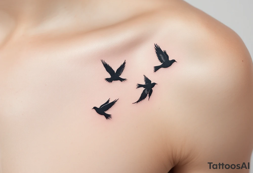 A delicate yet powerful tattoo of three birds in flight, symbolizing freedom and individuality, designed in a minimalist style. The birds can be shaded in black with soft hints of blue and grey to give them a fluid, wind-swept appearance. Black, blue, grey. tattoo idea