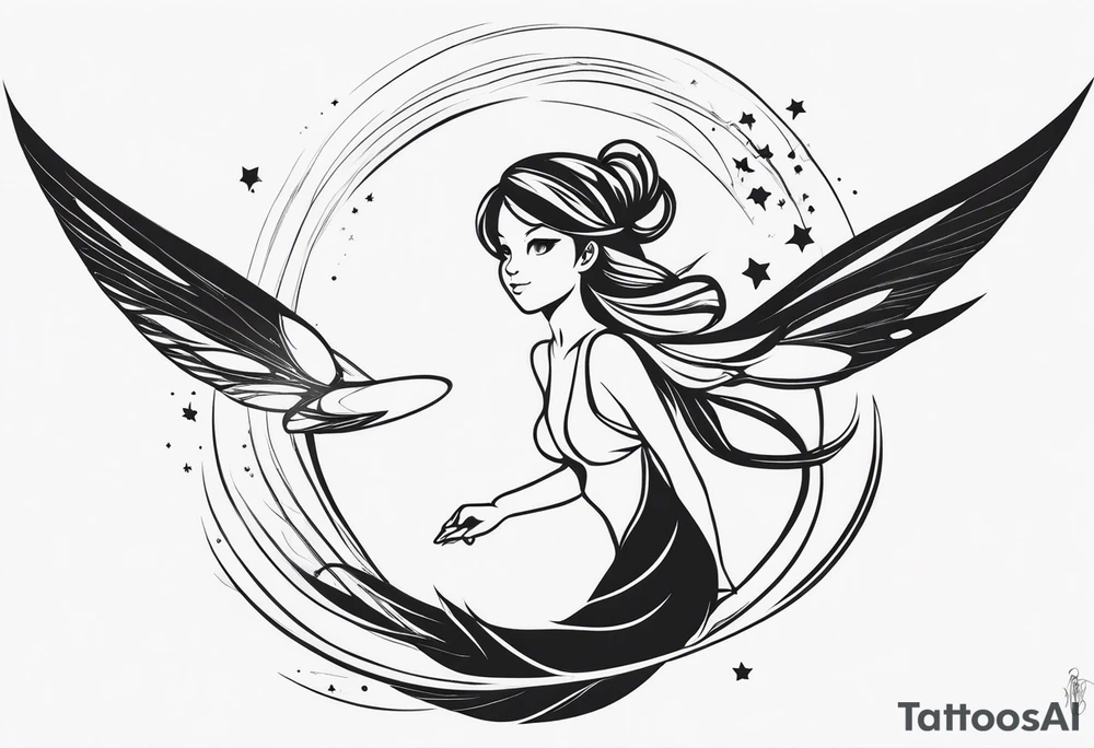 Minimalistic, monochromatic fairy with a tail flying to the left in a fetal position, leaning and looking in the same direction, with visible hands, embodying the 'Fairy Tail' logo aesthetic. tattoo idea