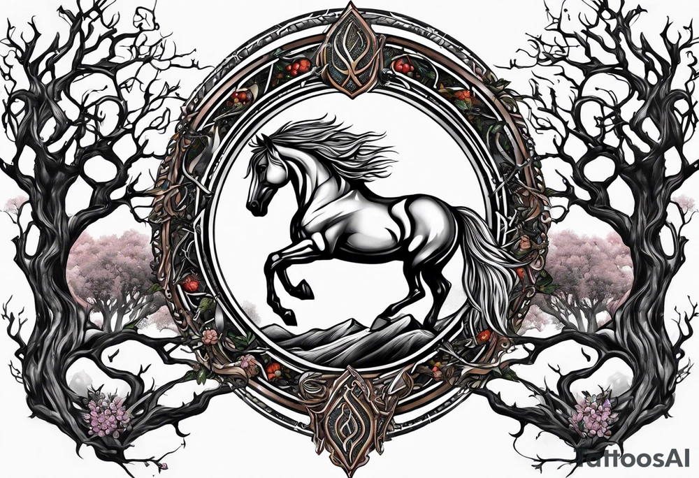 Realistic Horse and Yggdrasil tree tattoo idea