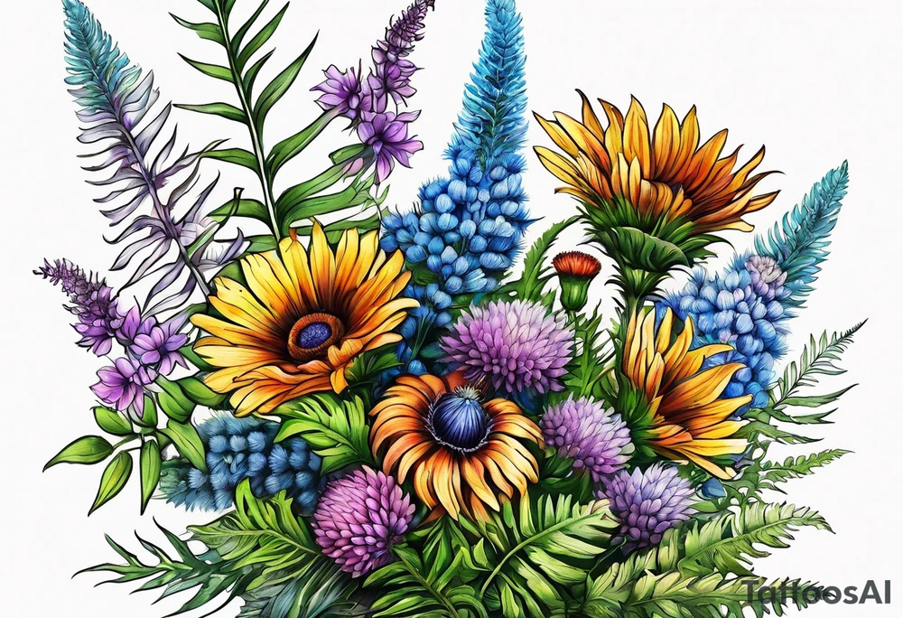 spread out mixed wildflower bouquet with ferns, thistle and with color and show the design on a leg tattoo idea