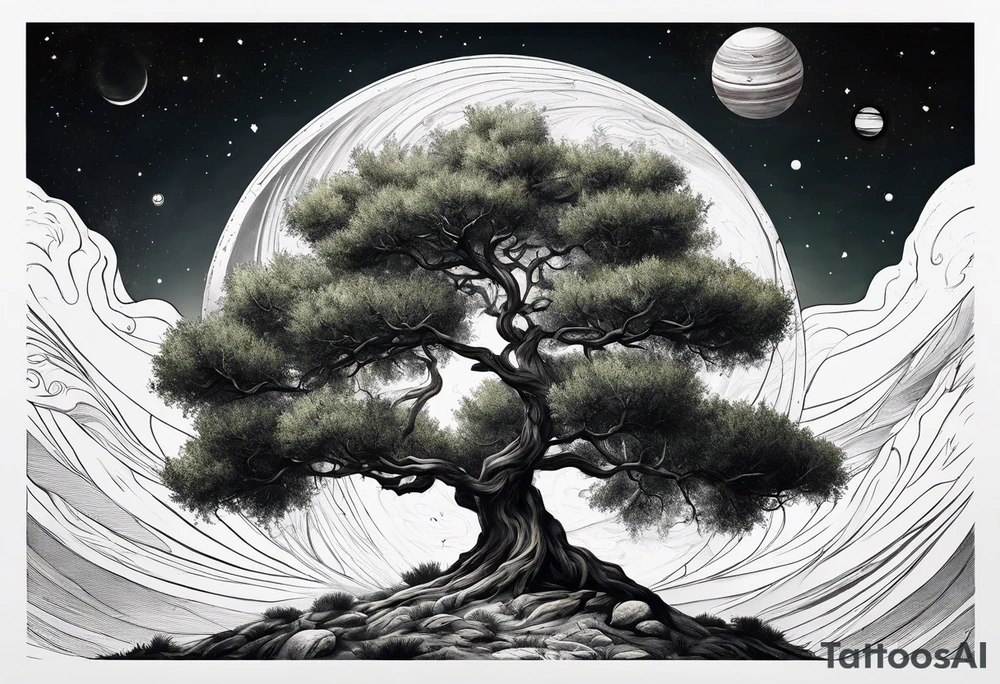 An olive tree with a black hole in the background and a small Saturn-like planet in it. tattoo idea