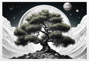 An olive tree with a black hole in the background and a small Saturn-like planet in it. tattoo idea