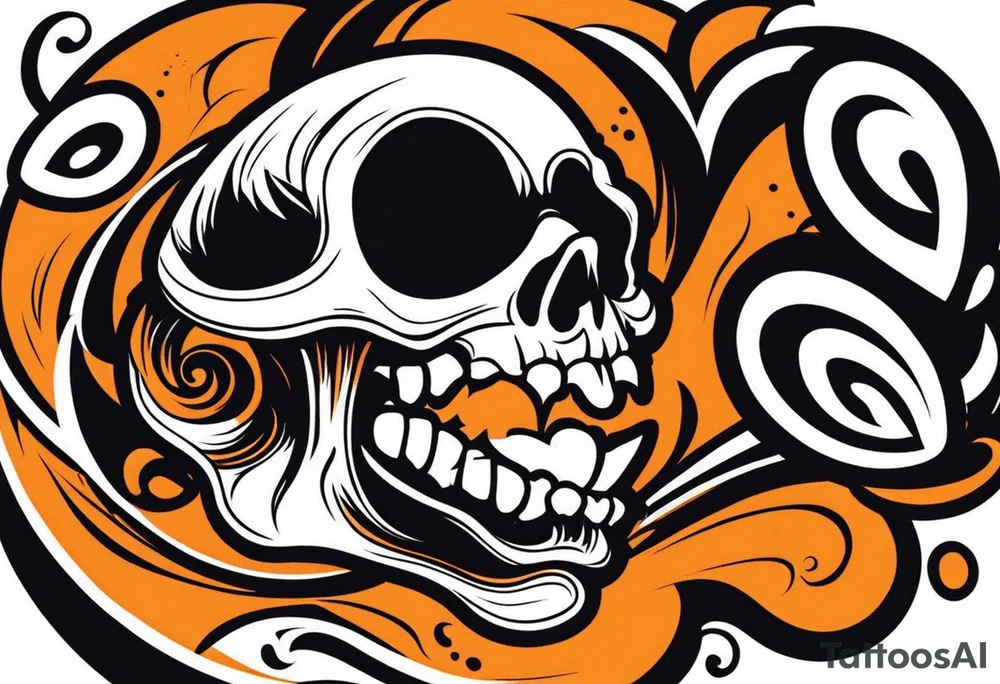 skull laughing black and orange tattoo idea