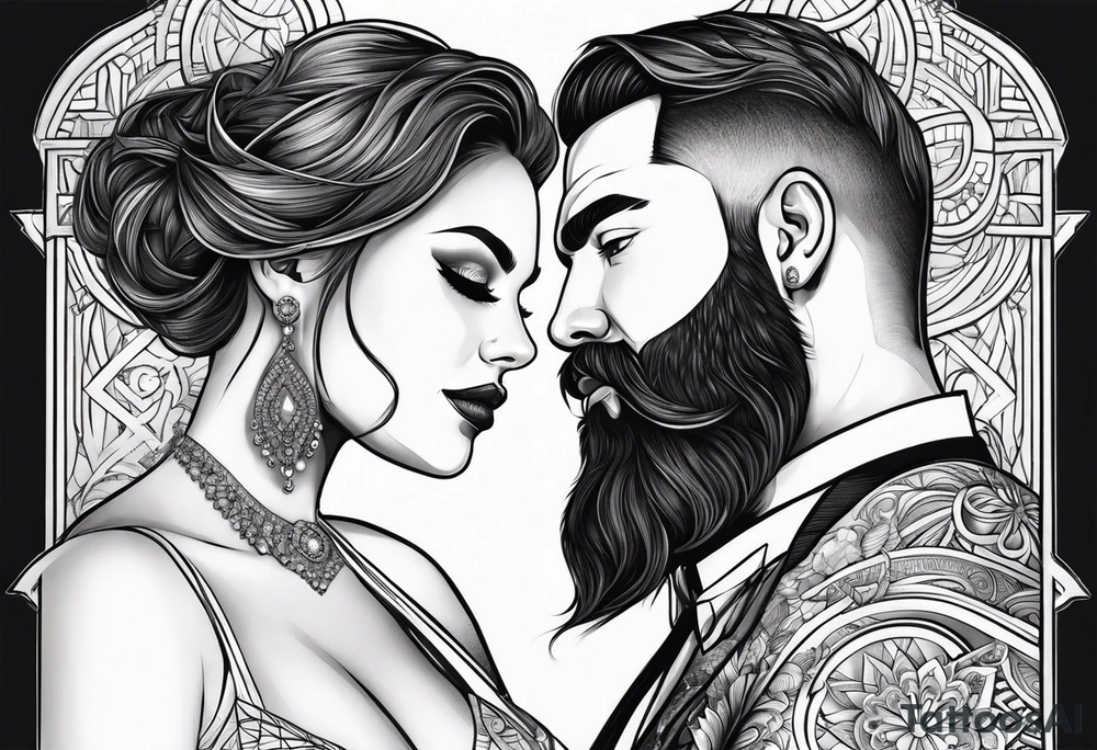 Busty red haired woman with a bearded man who has black hair getting married tattoo idea