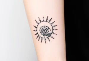 Fibonacci spiral shell inside of painted sun tattoo idea