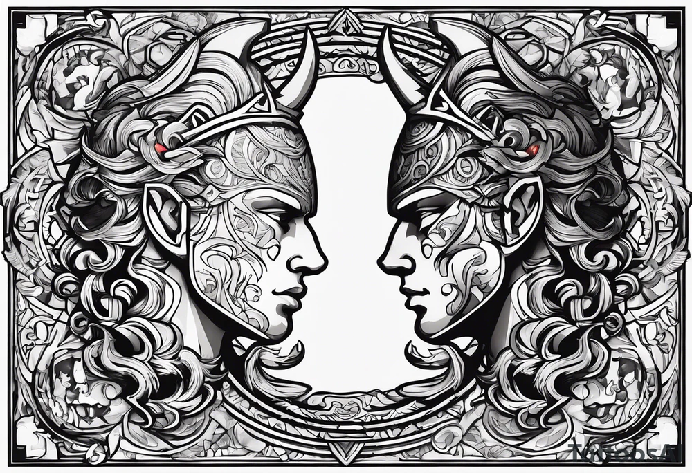 I want a minimalist design of the battle I face between good and evil. God vs the devil , good vs evil , indulgence vs discipline. 2 sides of the one coin that is my personality.  Use symbols as opposed to sketches tattoo idea