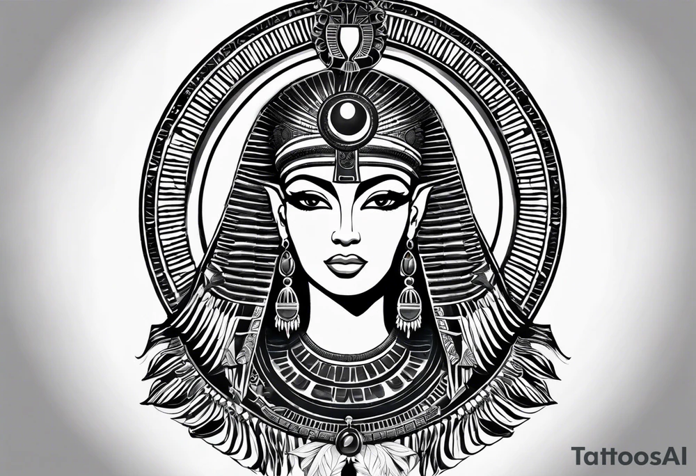 black and white Egyptian goddess Isis, who is often depicted as a woman with outstretched wings, holding an ankh (a symbol of life) in one hand and a lotus flower in the other. Her headdress often includes a throne or a solar disk. The tattoo design can vary in style and size, but it typically aims to capture the essence of this revered Egyptian deity, emphasizing her beauty, power, and maternal qualities. The choice of colors and additional elements can also be customized to create a unique and visually striking representation of the goddess Isis tattoo idea