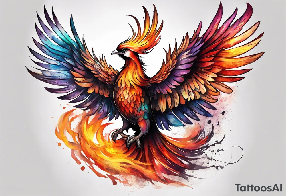 Phoenix on hip down into thigh with quote "from the Ashes I rise" long tail feathers wings not spread tattoo idea