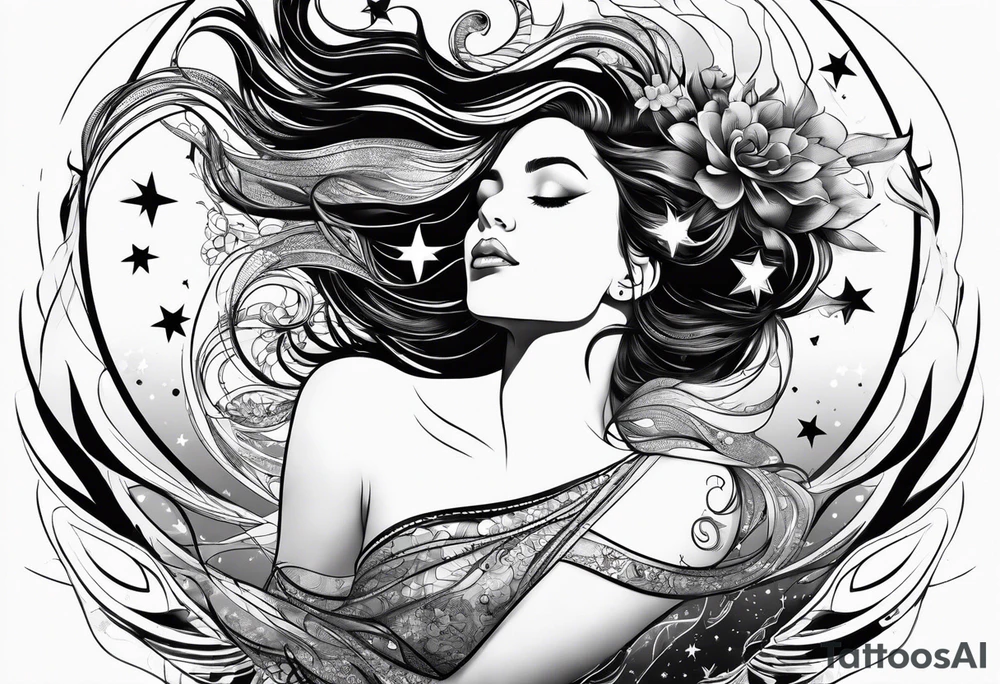 woman in pool reaching to stars tattoo idea