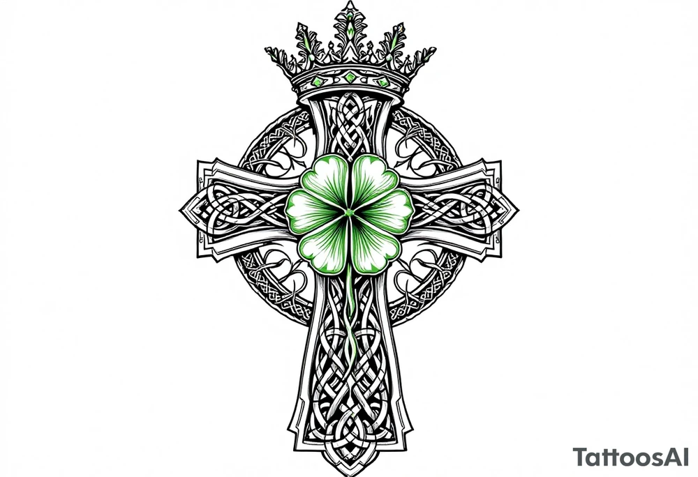 Masculine Celtic cross tattoo featuring intricate knotwork patterns along the arms and base of the cross. At the heart of the cross, place a vibrant four-leaf clover, its leaves shaded with subtle gradients of green, symbolizing luck and unity. Above the cross, incorporate a regal crown adorned with ornate details, such as small gemstones or filigree, to signify authority and strength. Behind the cross add more celtic knots and a celtic tree of life tattoo idea