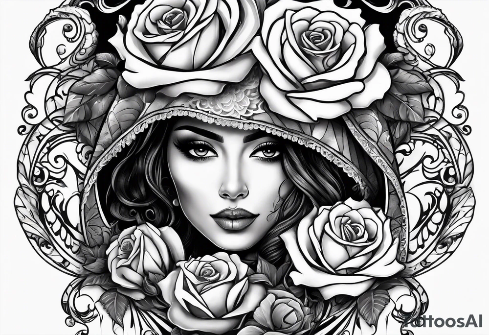 Hispanic/ Latin  woman  with half skull face , roses, loving heART, strength,  cancer zodiac sign  , time heals all tattoo idea