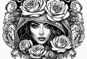 Hispanic/ Latin  woman  with half skull face , roses, loving heART, strength,  cancer zodiac sign  , time heals all tattoo idea