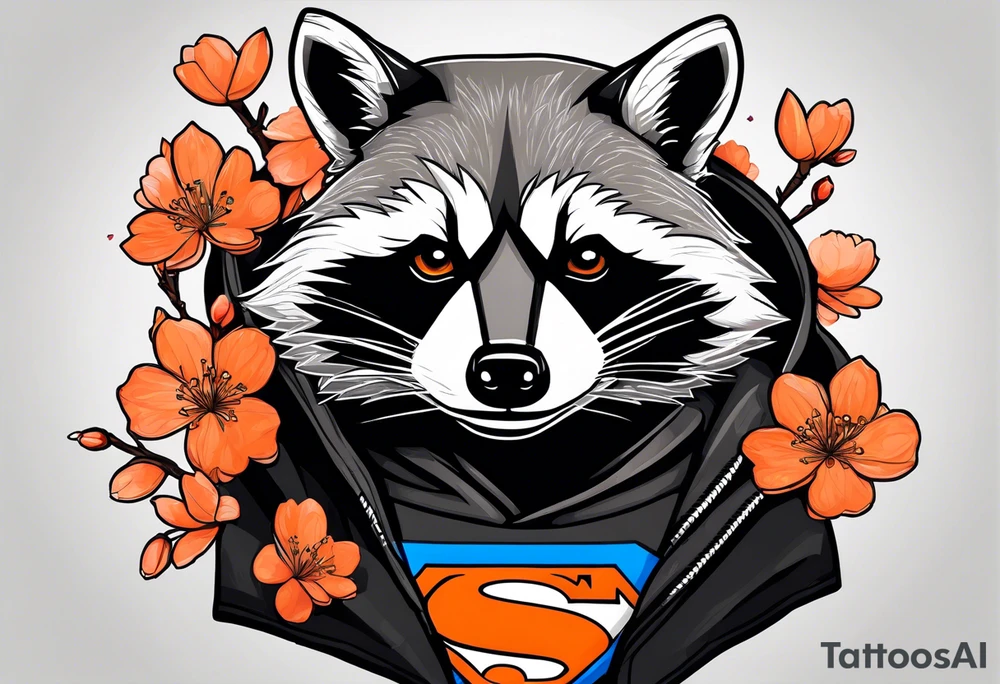 Raccoon wearing a white Superman logo on a black hoodie and orange Japanese cherry blossoms tattoo idea