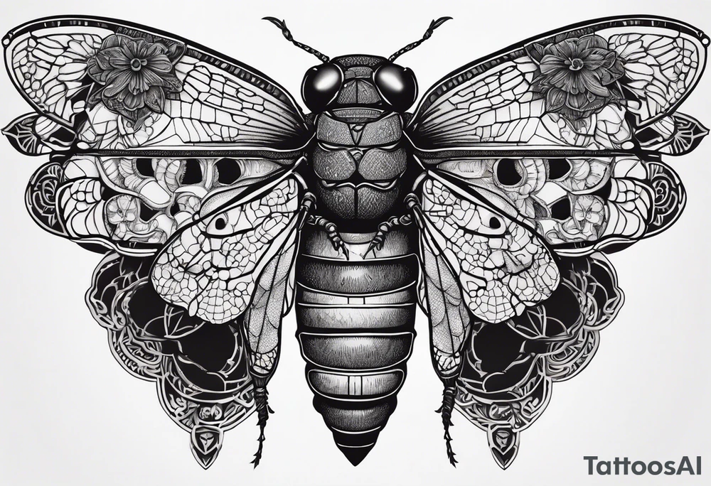Cicada stippled and shaded with skulls on top and bottom tattoo idea