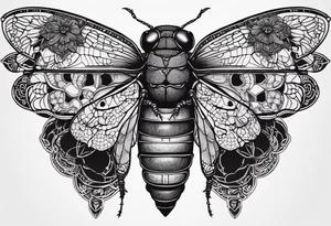 Cicada stippled and shaded with skulls on top and bottom tattoo idea