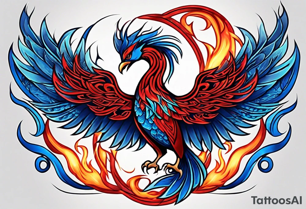 Blue and red Phoenix in a Celtic knot with flames tattoo idea