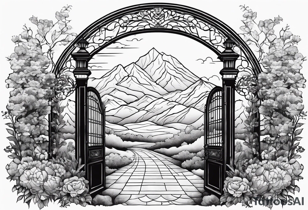 night ancient big town mountains garden gate entrance 
 in circle vignette surrounded by clouds floral tattoo idea