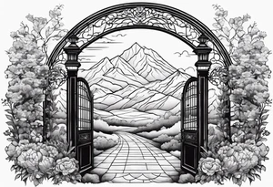 night ancient big town mountains garden gate entrance 
 in circle vignette surrounded by clouds floral tattoo idea