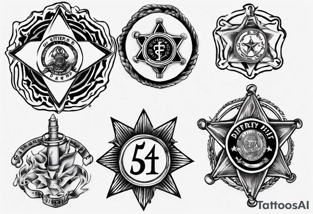 Sleeve tattoo, top is fire crest with captain bugles inside, below is 5 point deputy sheriff badge, GT45 badge number u der that a medical star of life tattoo idea