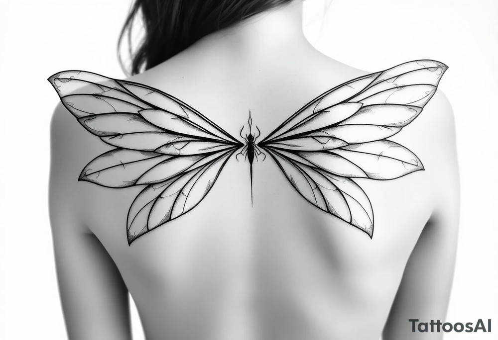 Long wispy fairy wings folded closed down full back tattoo idea