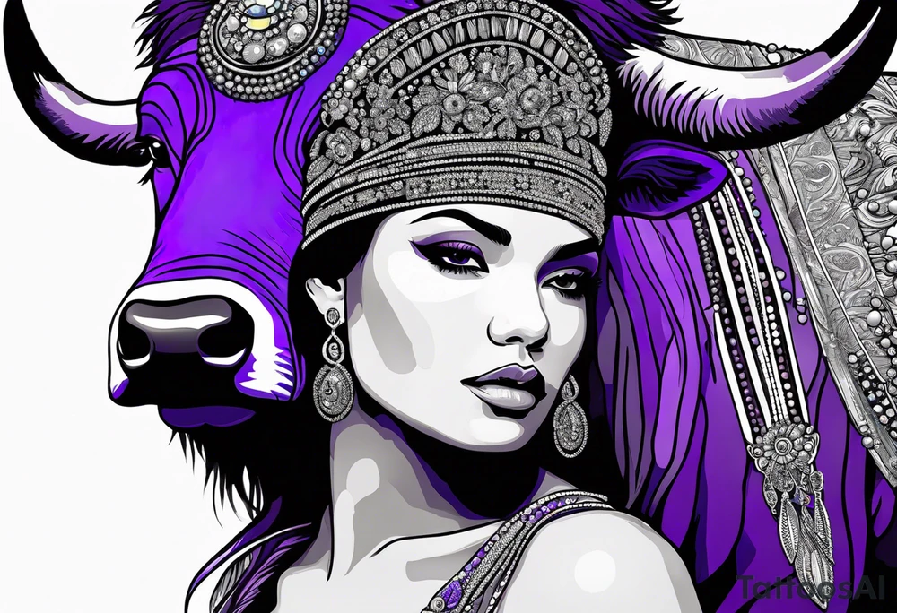 woman wearing bead headband, standing next to magical purple buffalo, the buffalo is magical, he is purple, he is standing up tattoo idea