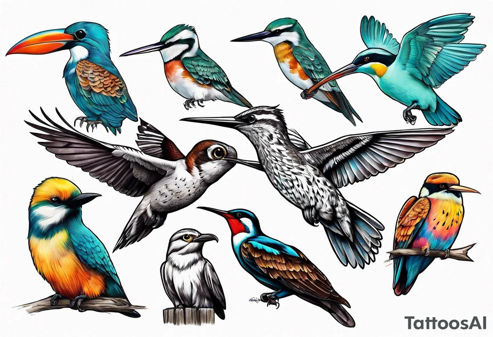 Flock of birds including owl, hummingbird, pelican tattoo idea