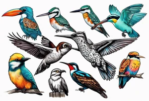 Flock of birds including owl, hummingbird, pelican tattoo idea