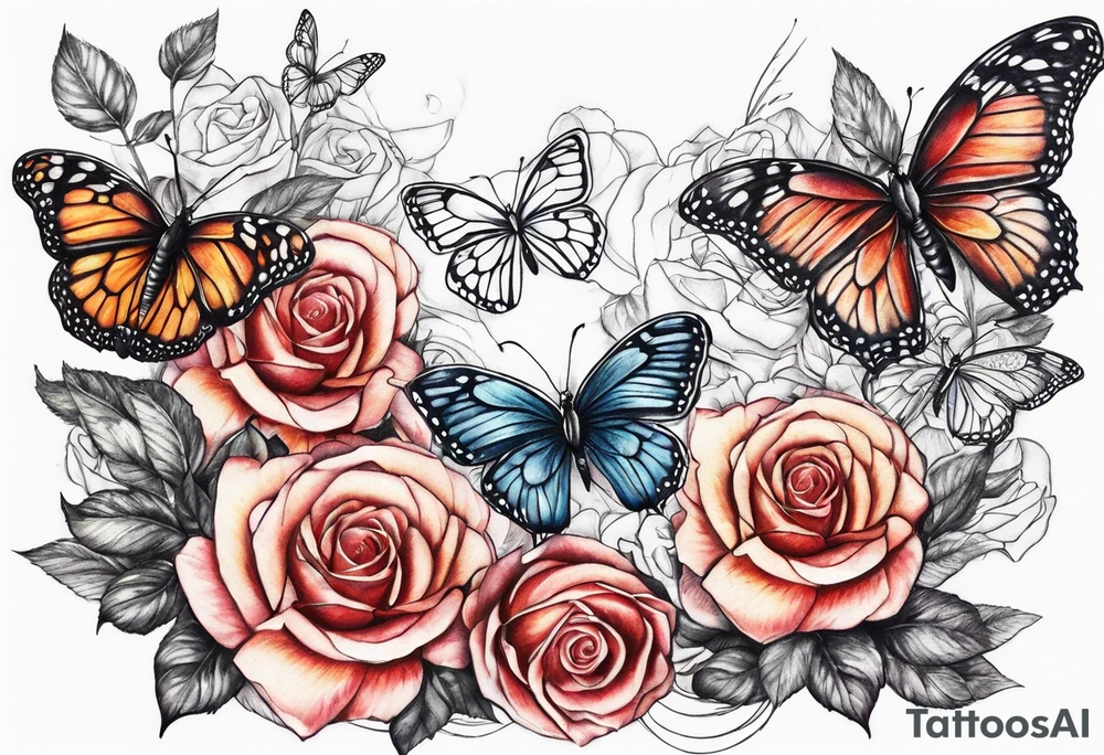 Butterflies flying on roses tattoo idea