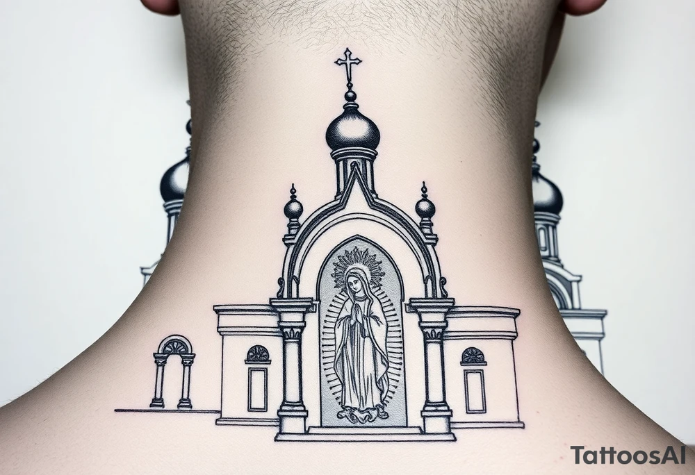 medium sized Russian orthodox church with bulb domes with a prominent russian orthodox mosaic virgin mary tattoo idea