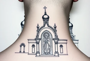 medium sized Russian orthodox church with bulb domes with a prominent russian orthodox mosaic virgin mary tattoo idea