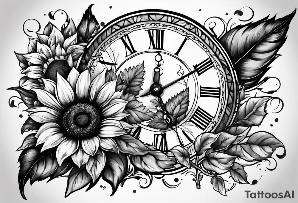 Sleeve with Roman numeral and sunflowers tattoo idea