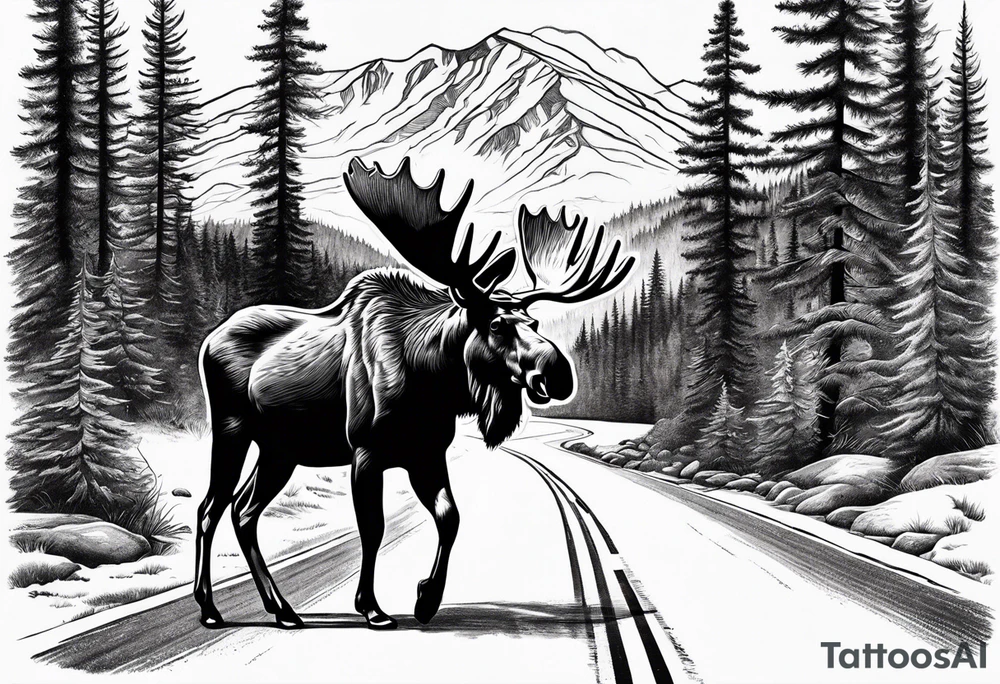 moose on road which goes between the forest. mountain background tattoo idea