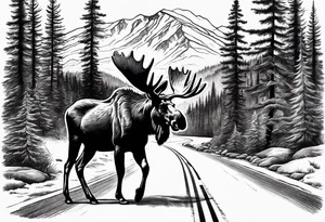 moose on road which goes between the forest. mountain background tattoo idea