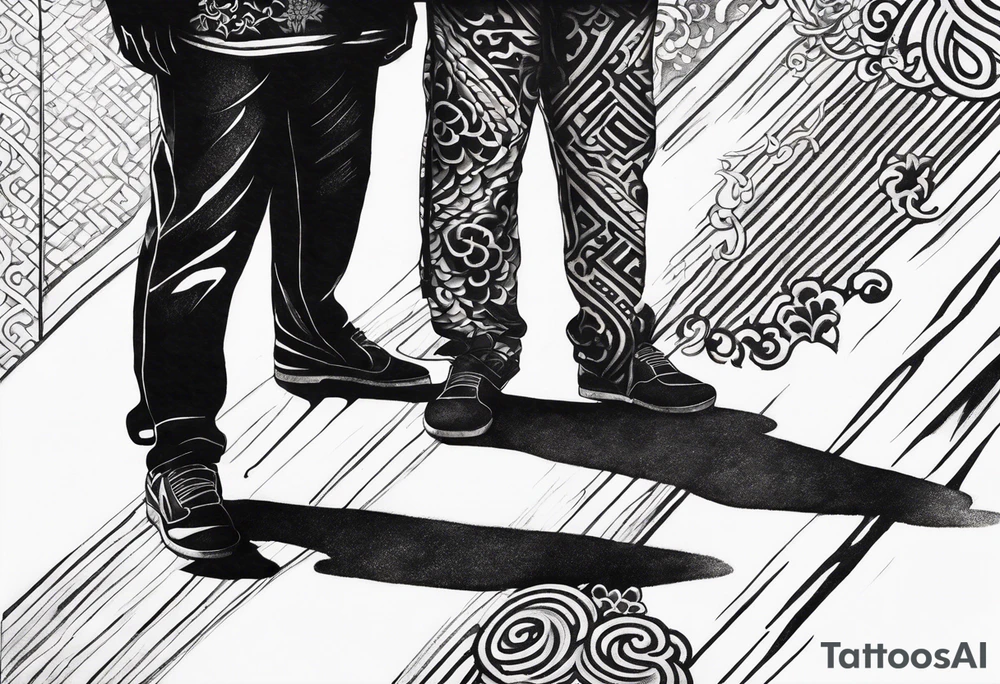 Black shadows of two people standing over 2 black shadows of people they had just shot tattoo idea